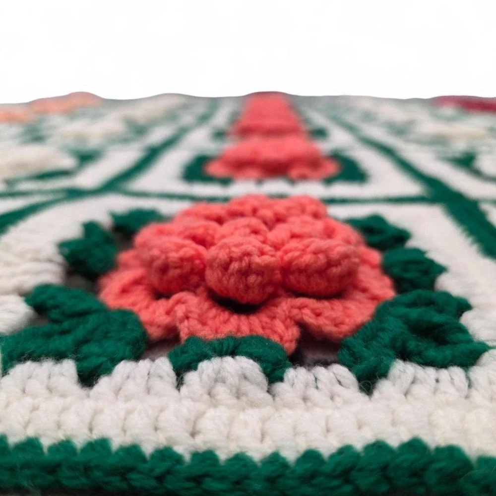 Handmade Crochet Knit Throw Granny Blanket 3D Afghan Roses Square Floral Cottage